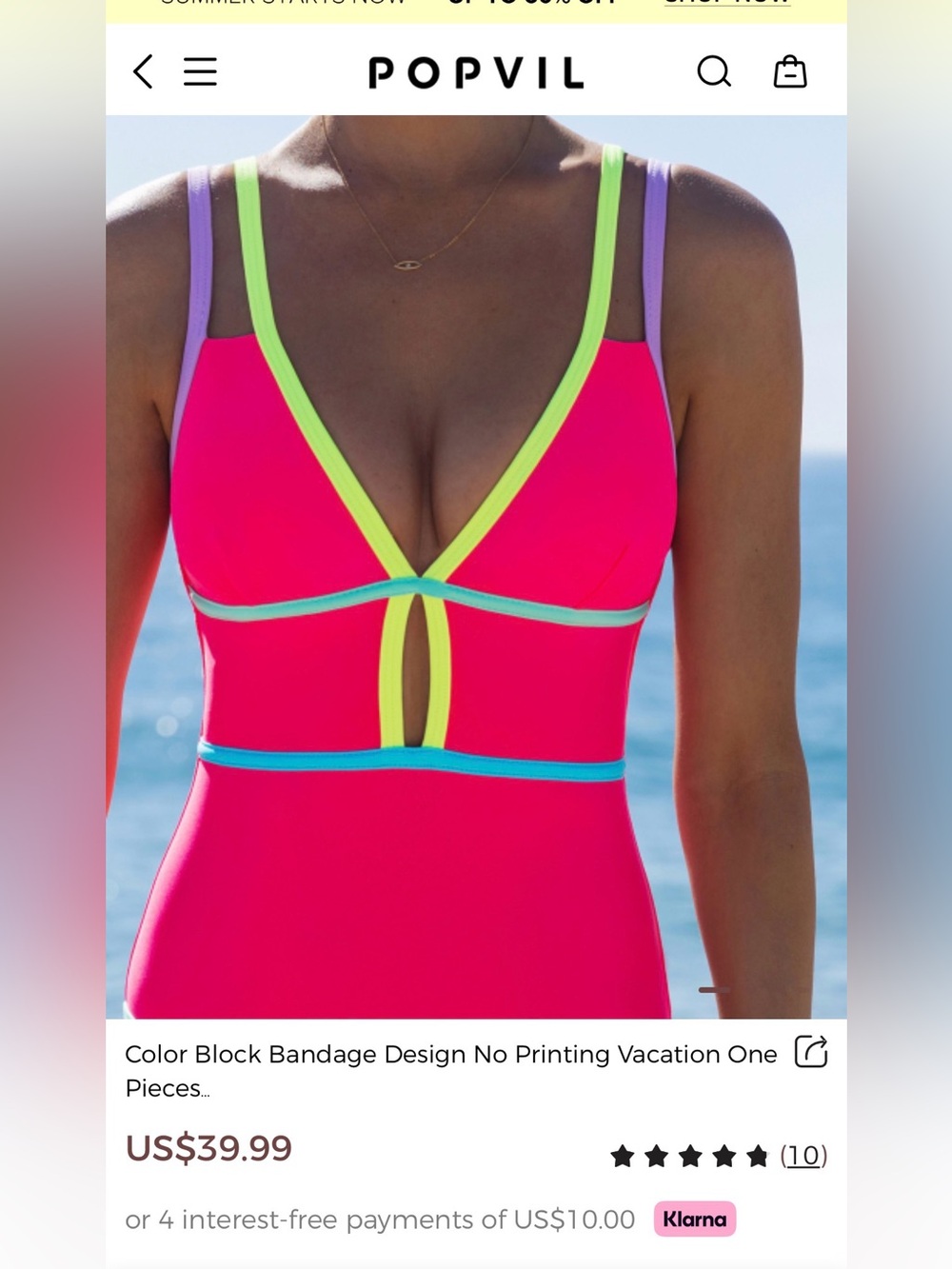 Popvil Womens Neon Pink Colorblock One-Piece Swimsuit